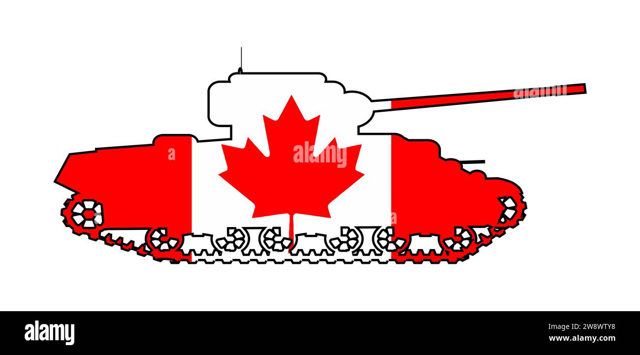 Eine Umrisssilhouette eines typischen kanadischen Kampfpanzers, der die Symbole der kanadischen Flagge und Farben auf weißem Hintergrund zeigt Stockfoto