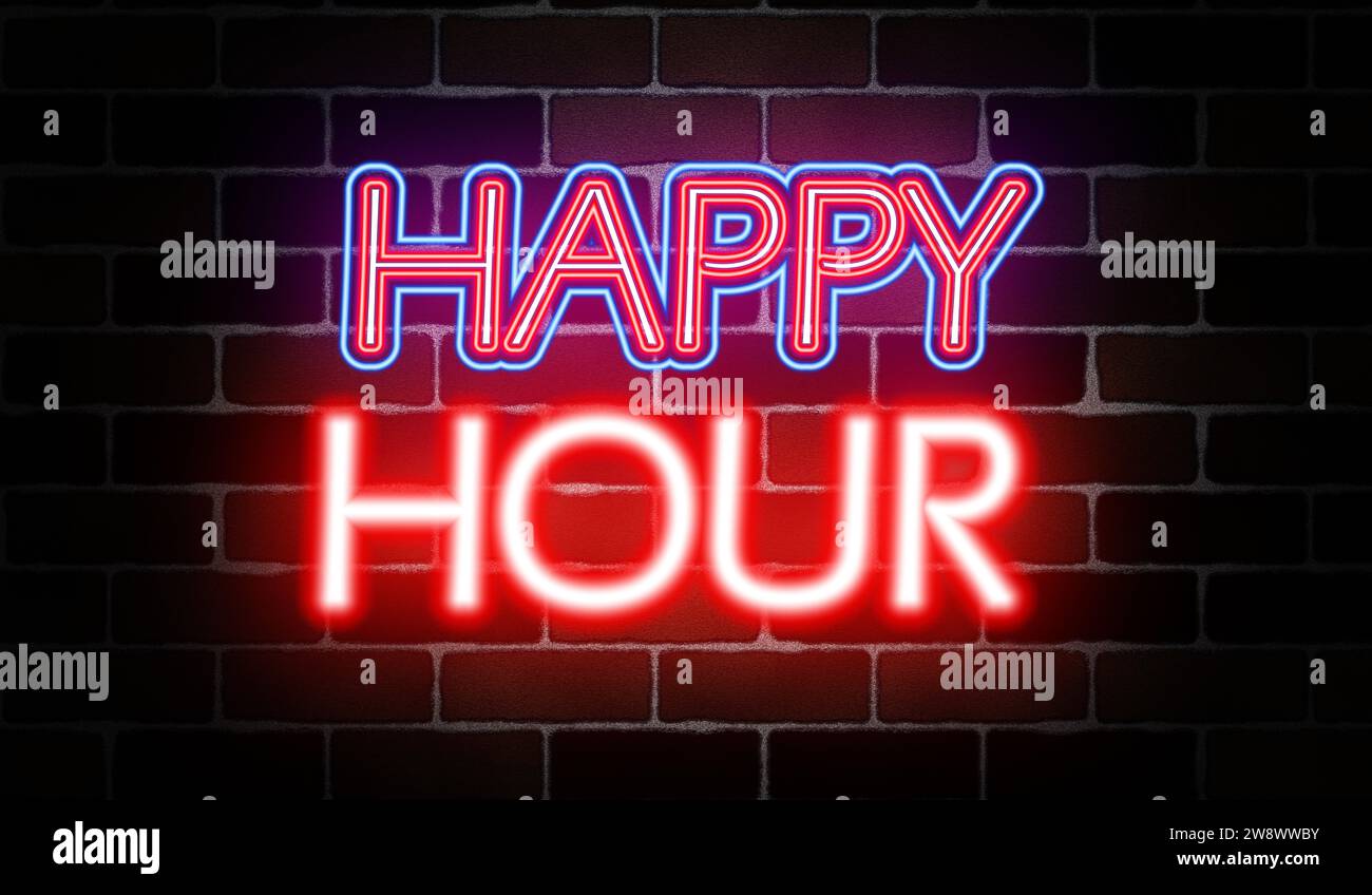 Illustration, Neonschild an einer Ziegelwand - Happy Hour Stockfoto