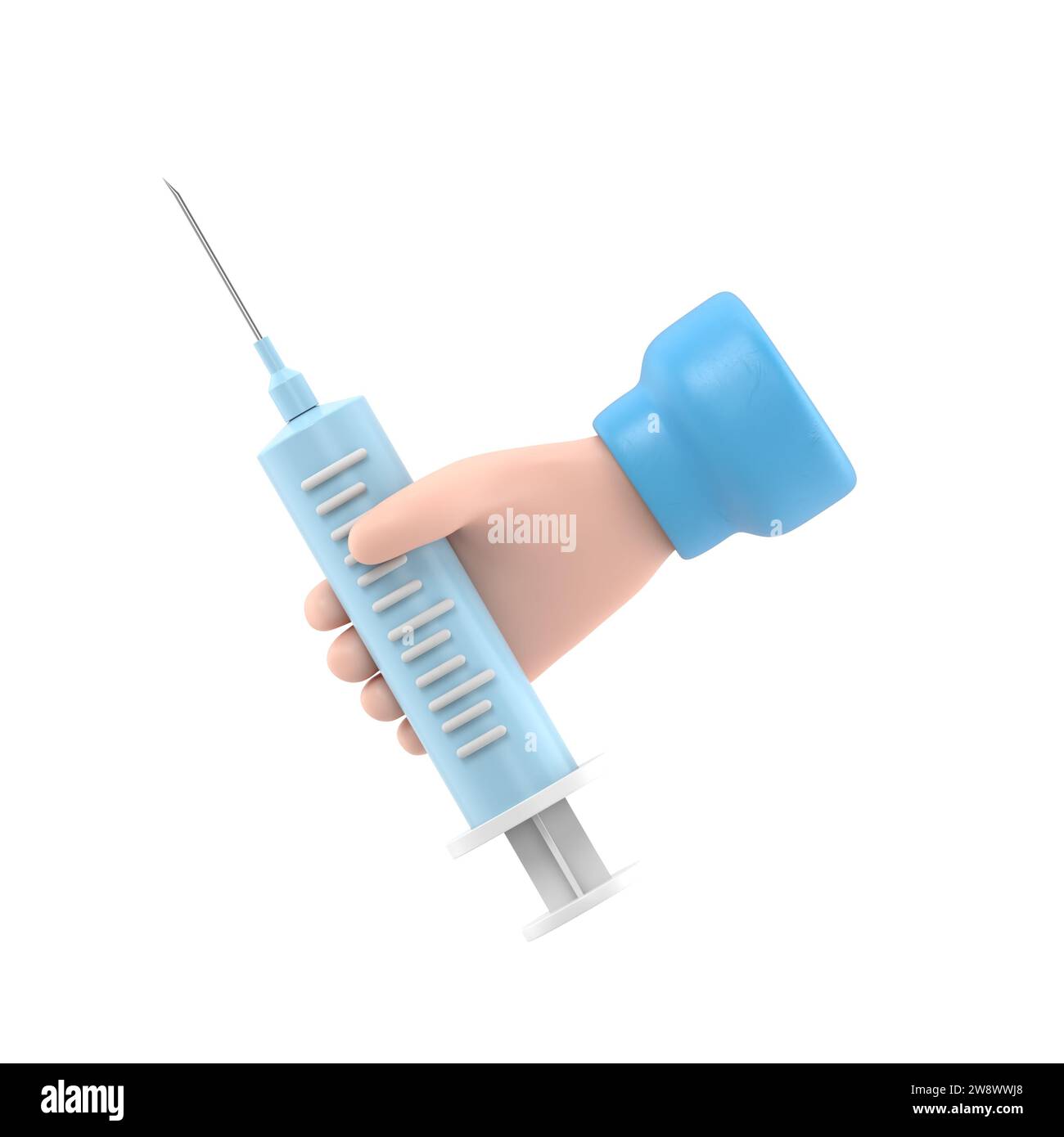 3D-Rendering. Doktor-Cartoon-Hand, die große Spritze mit Impfstoff gegen Virus hält. Illustration des medizinischen Gesundheitswesens. Pharmazeutischer Clip Art. 3D-Rendering o Stockfoto