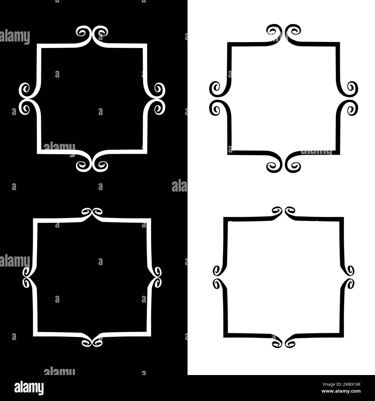 Niedliches handgezeichnetes Bilderrahmenset. Pinselrahmen mit kritzelnden, skurrilen Flecken. Grafische Designelemente für Babyduschen oder Hochzeitseinladungen, gr Stock Vektor