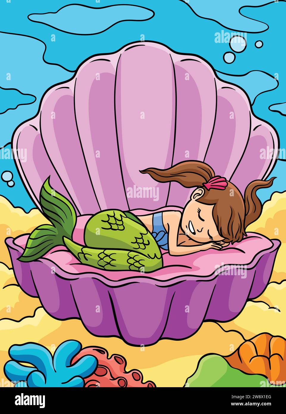 Sleeping Mermaid in a Clam Shell Colour Cartoon Stock Vektor