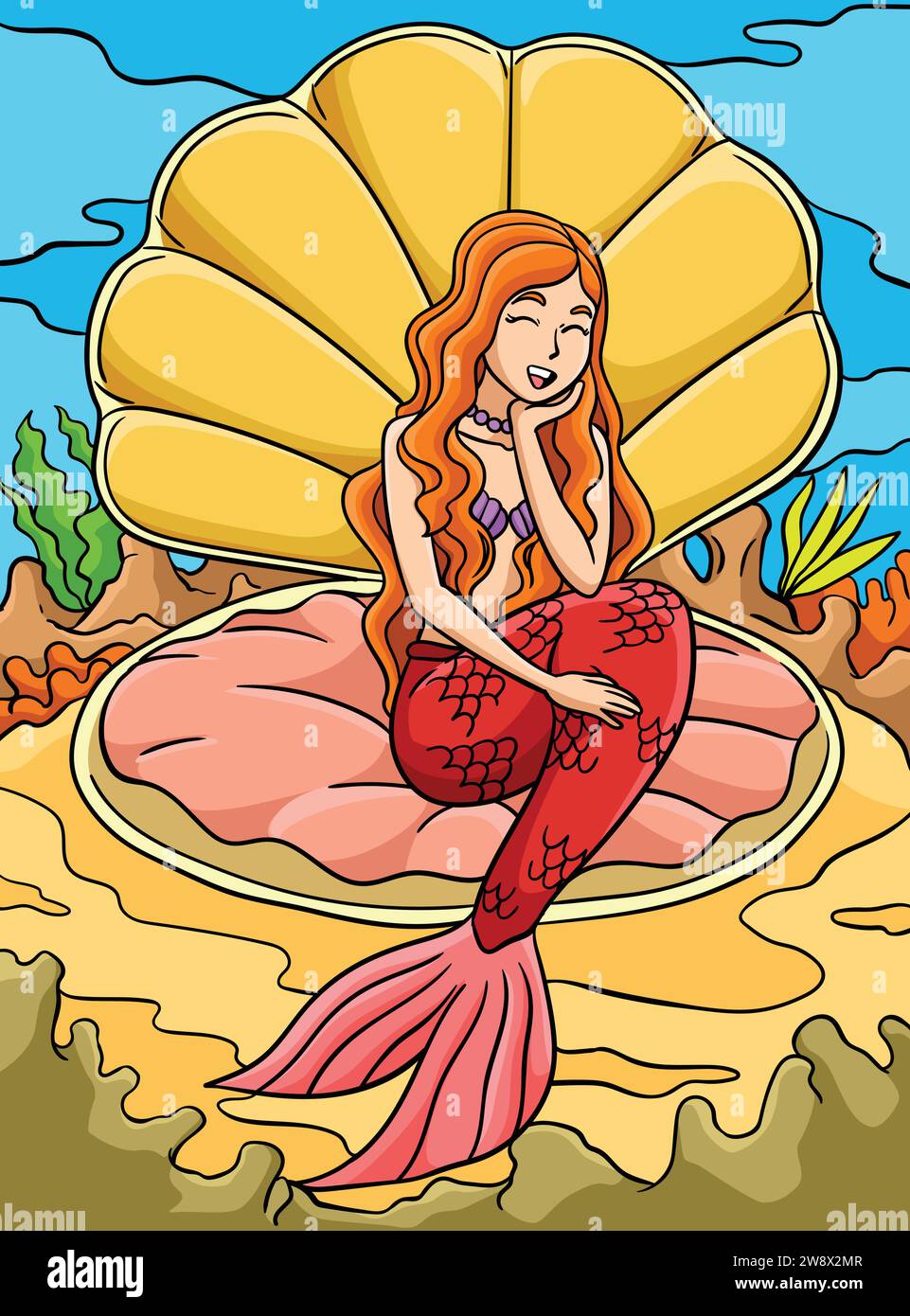 Schöne Meerjungfrau Sitzend Clam Shell Farbig Stock Vektor