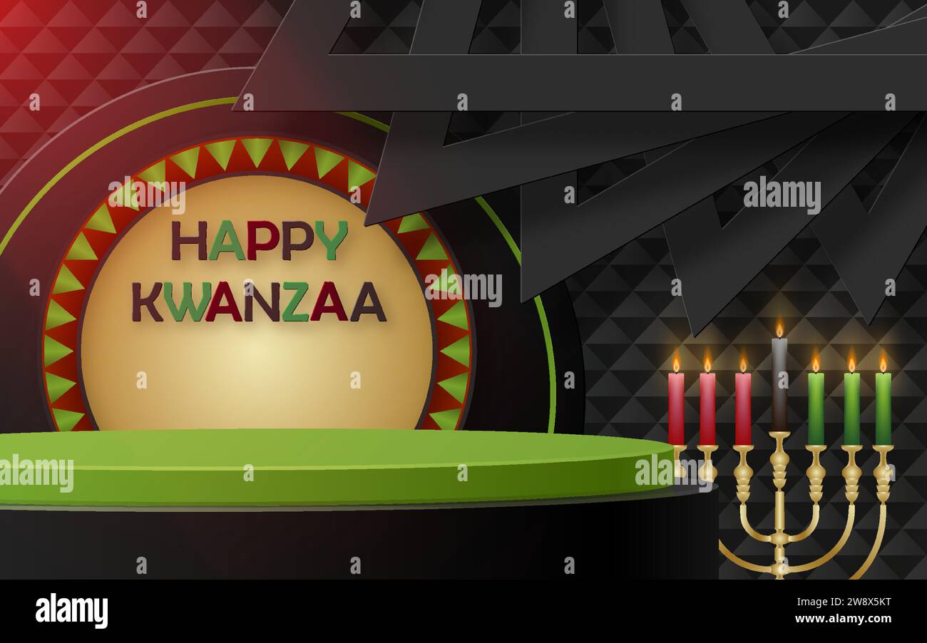 3D Runde Podestbühne für die Happy kwanzaa Karte mit schönen und kreativen Symbolen und Papierschnitt auf farbigem Hintergrund für kwanzaa Urlaub Stock Vektor