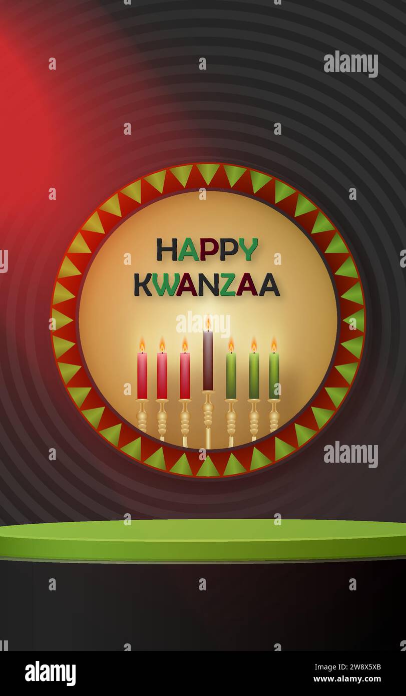 3D Runde Podestbühne für die Happy kwanzaa Karte mit schönen und kreativen Symbolen und Papierschnitt auf farbigem Hintergrund für kwanzaa Urlaub Stock Vektor