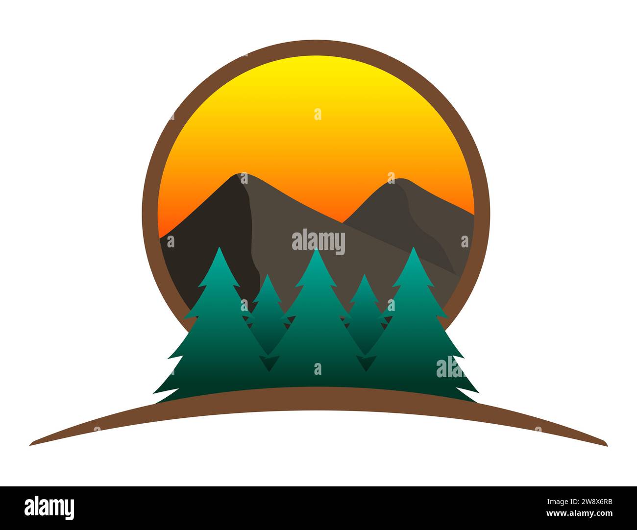 Sonnenuntergangslandschaft mit Kiefern und Bergen im Kreisdesign - Illustration Stockfoto