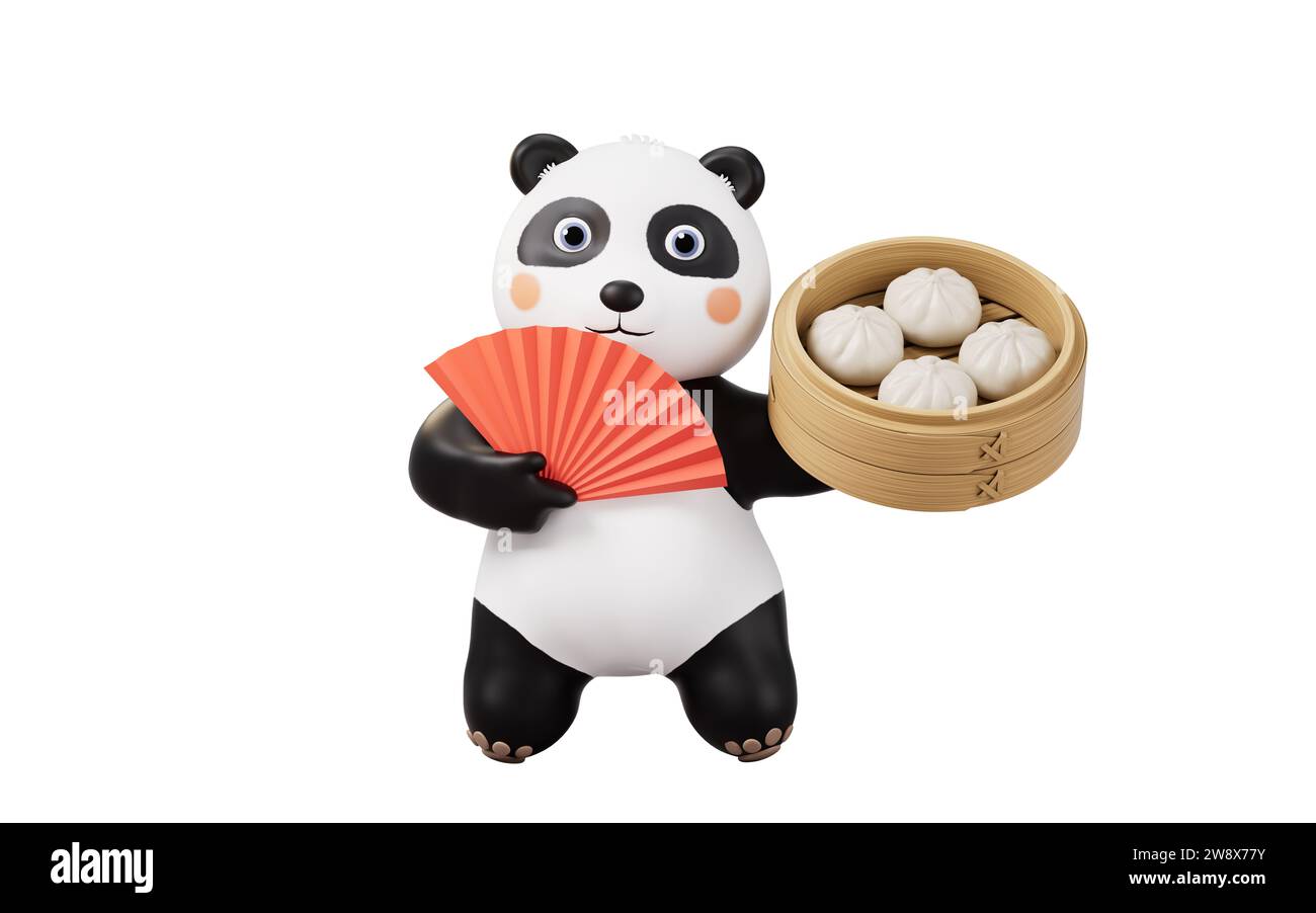 Cartoon Panda und chinesisches Essen Baozi, 3D-Rendering. 3D-Abbildung. Stockfoto