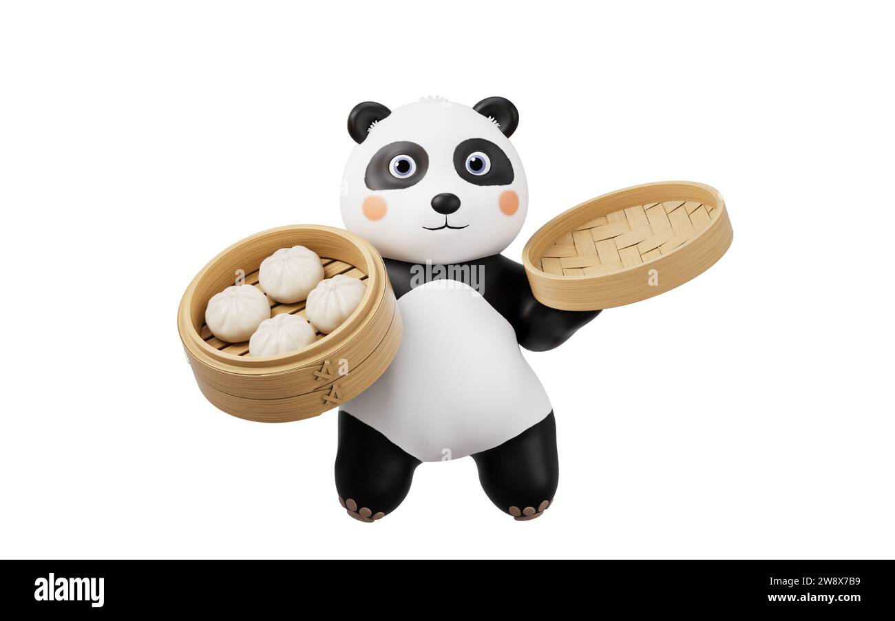 Cartoon Panda und chinesisches Essen Baozi, 3D-Rendering. 3D-Abbildung. Stockfoto