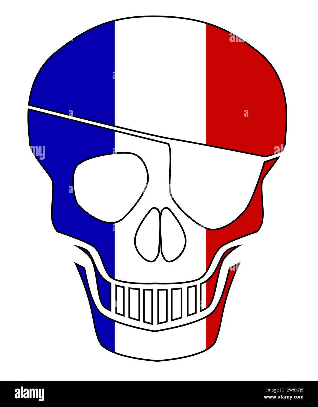 Skull-Silhouette mit französischer Flagge und Augenaufnäher mit den Flaggenfarben und dem Symbol Stockfoto