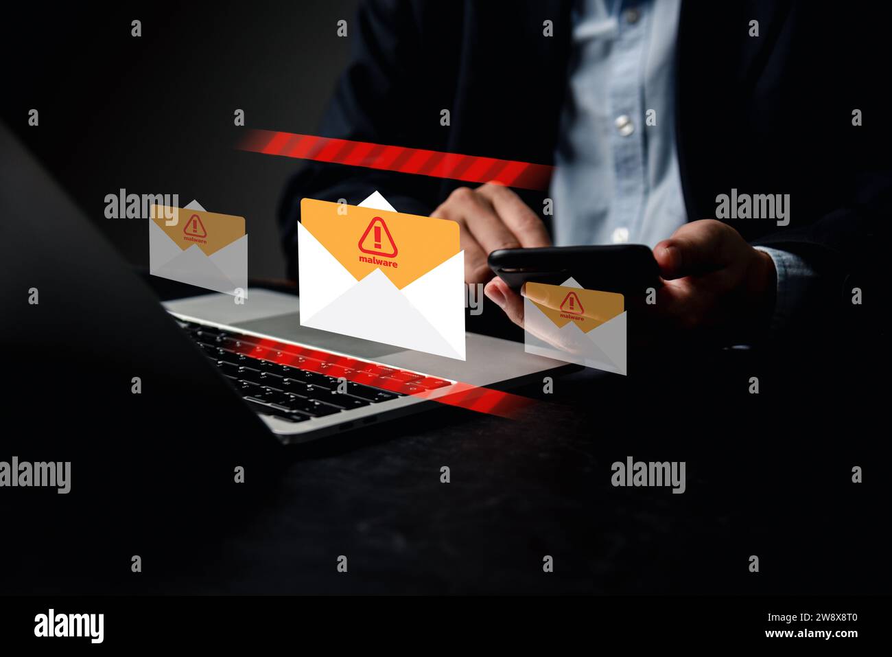 E-Mail-Benachrichtigung empfangen Eingang mit einem Spam-Virus-Warnzeichen markiert, Internet-Bedrohungsschutz-Benachrichtigung und Warnung Netzwerksicherheit Virus sp Stockfoto