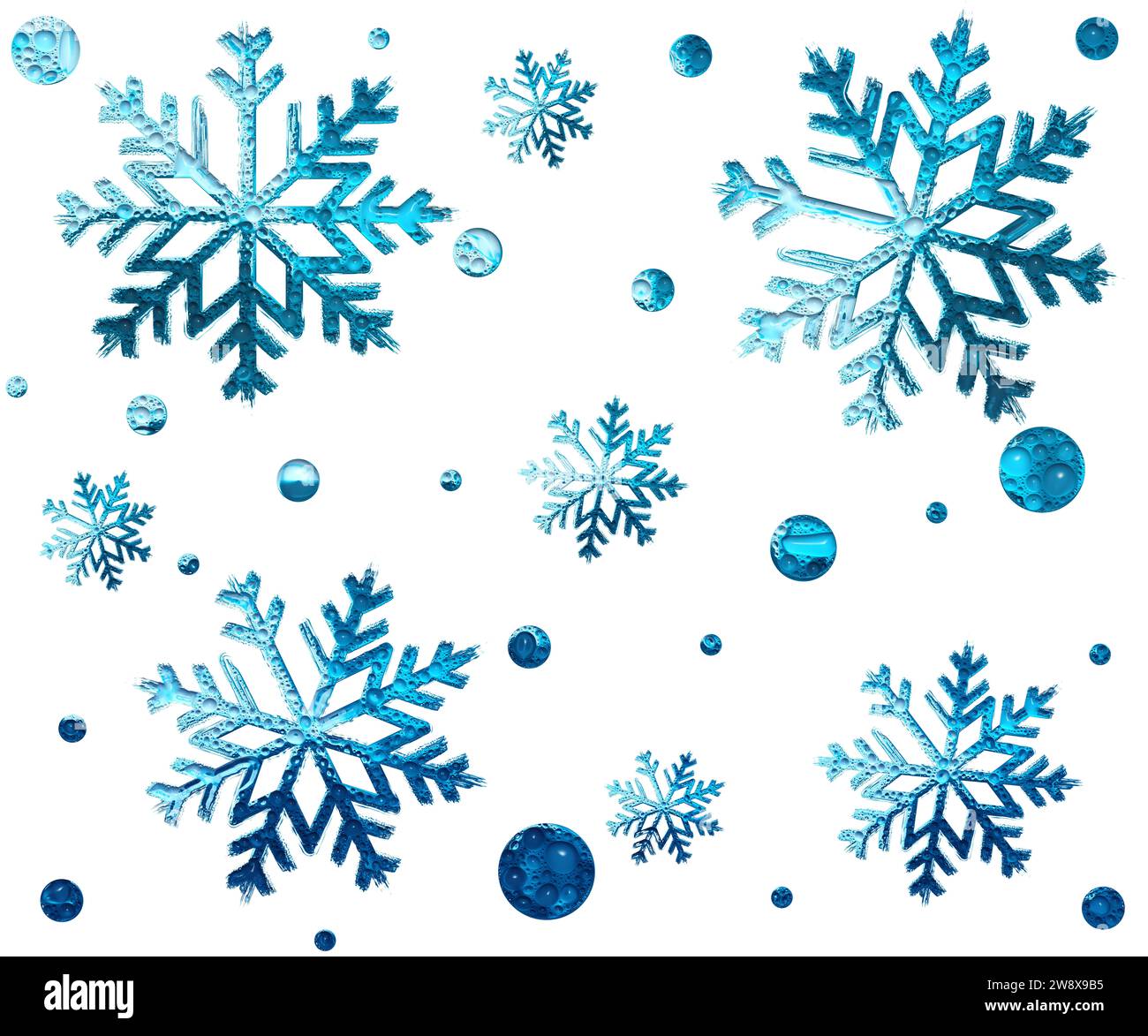 Hellblaue Schneeflocken Illustration mit Wassertropfen Stockfoto