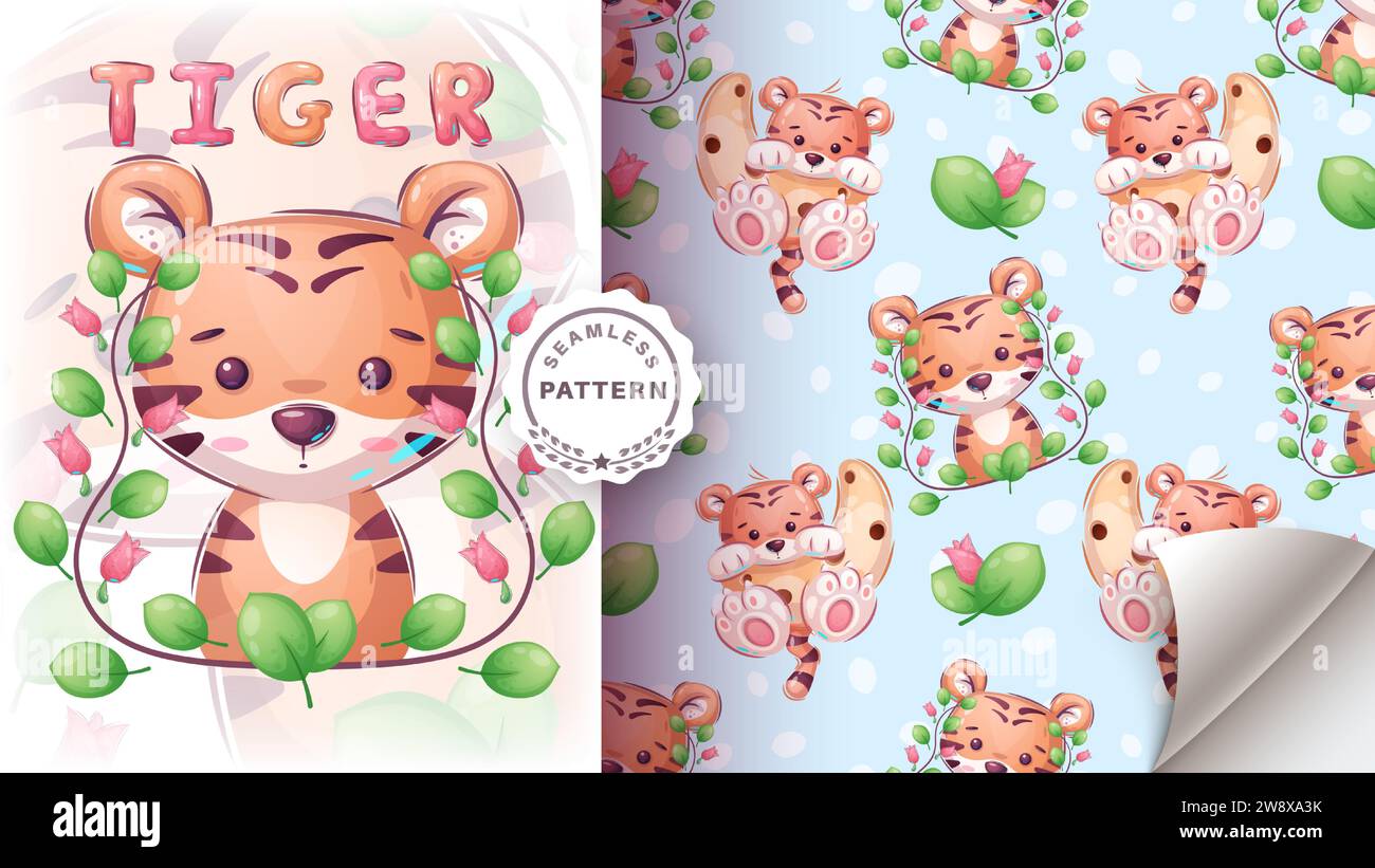 Zeichentrickfigur entzückender Tiertiger - nahtloses Muster Stock Vektor