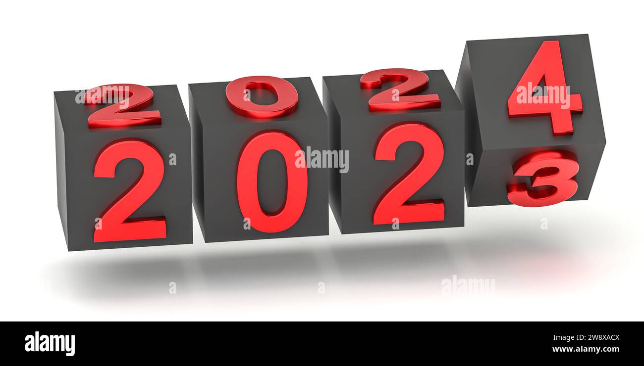 Neujahrsfest-Konzept. Würfel mit der Nummer 2024 ersetzen 2023. 3D