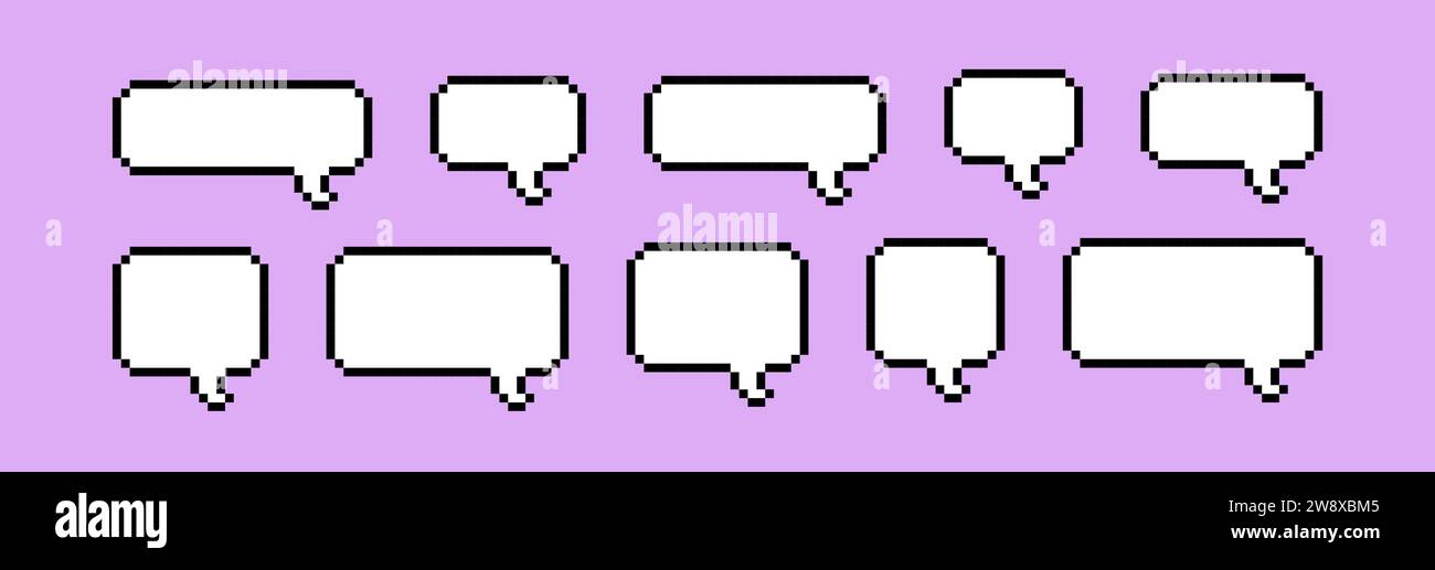 Pixel-Sprechblasen-Paket. Textfelder für Chats und Spiele. Vektorabbildung in 8-Bit-Pixelart. Stock Vektor