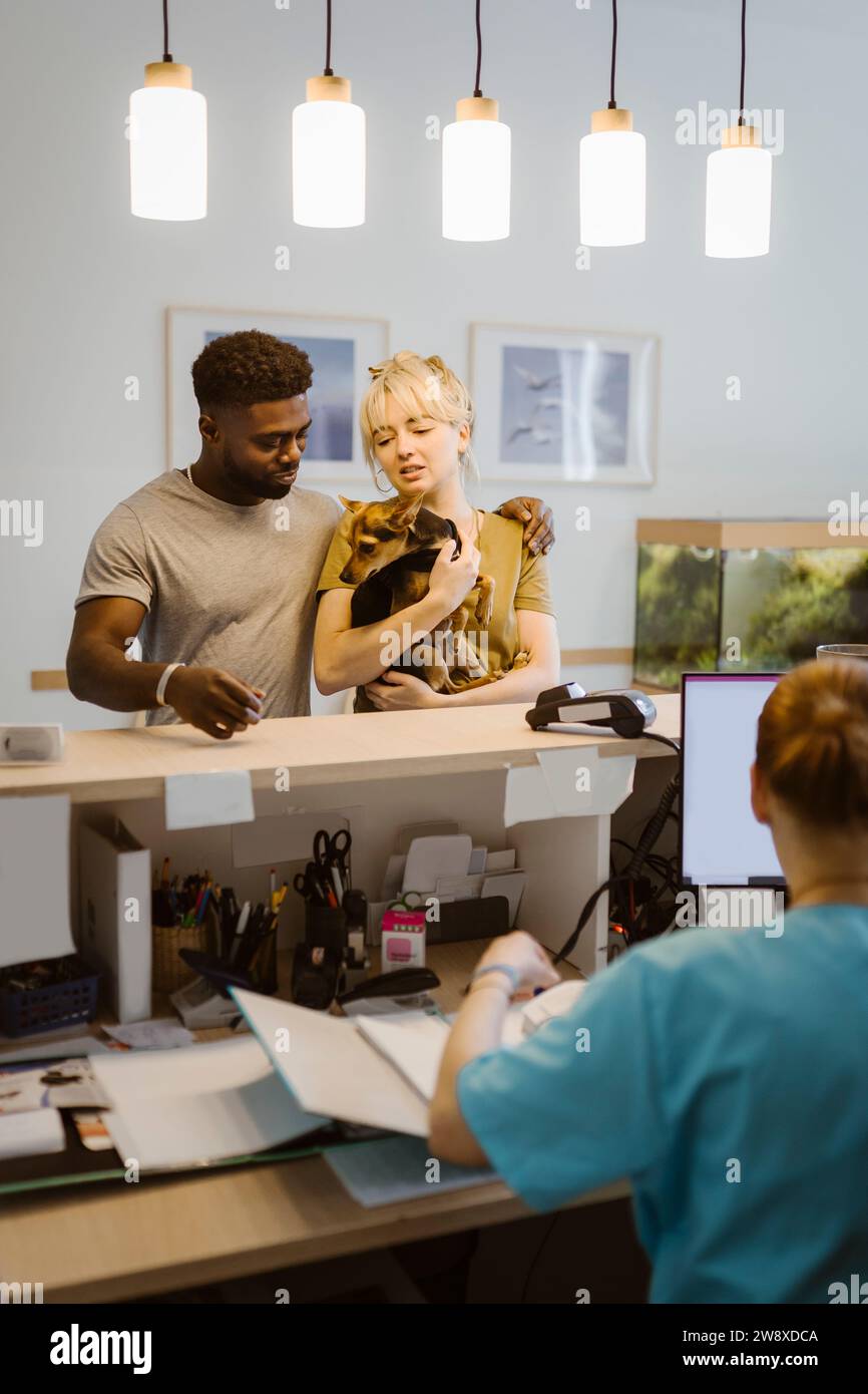 Heterosexuelles Paar mit Hund im Gespräch mit Frau an der Rezeption im Tierheim Stockfoto
