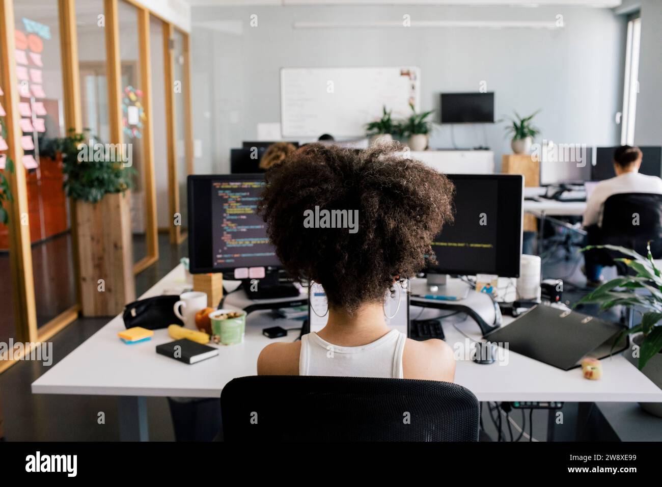 Rückansicht einer Computerprogrammiererin, die am Schreibtisch im Büro sitzt Stockfoto