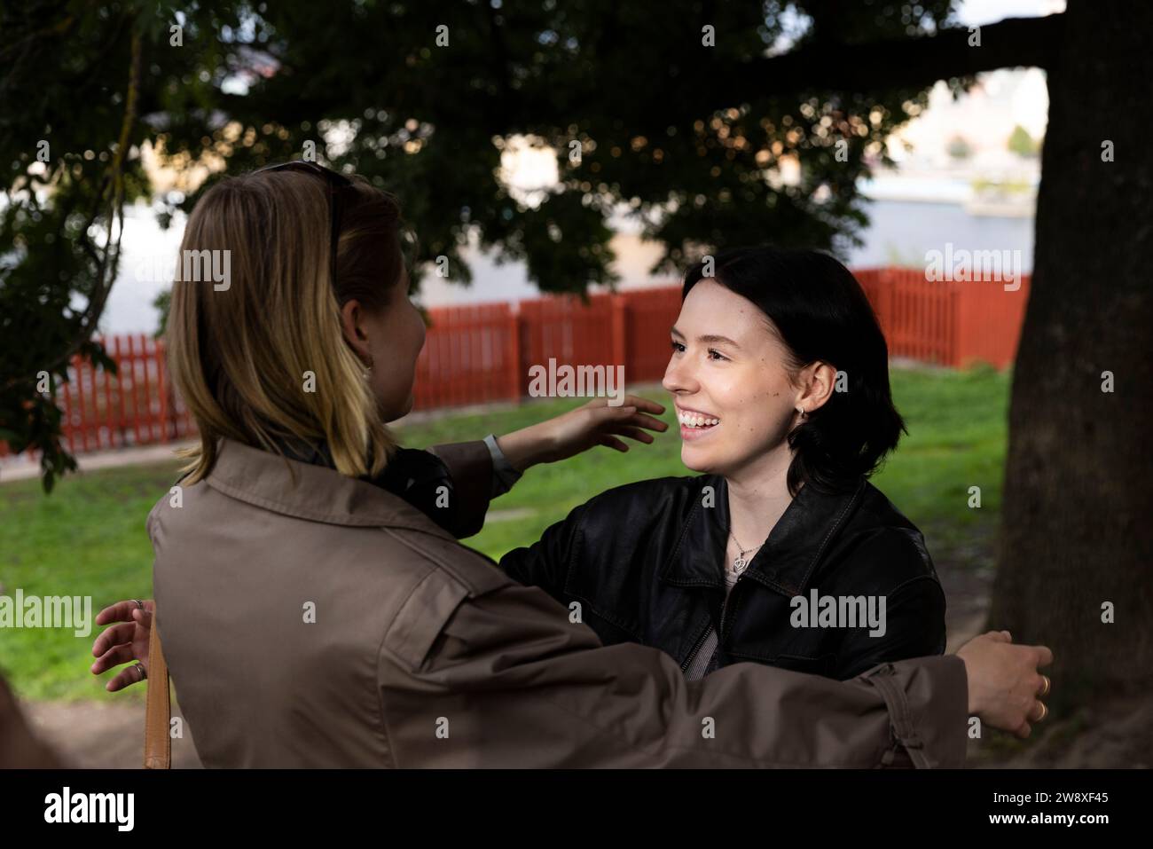 Lächelnde Frau, die eine Freundin im Park umschließt Stockfoto