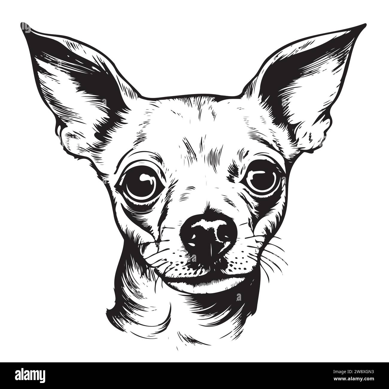 Vektor isoliert eine einzelne sitzende Chihuahua Spielzeug Terrier Hund Kopf Vorderansicht schwarz und weiß zwei Farben Silhouette. Schablone für Lasergravur oder Schablone, Druck für T-Shirt Stock Vektor