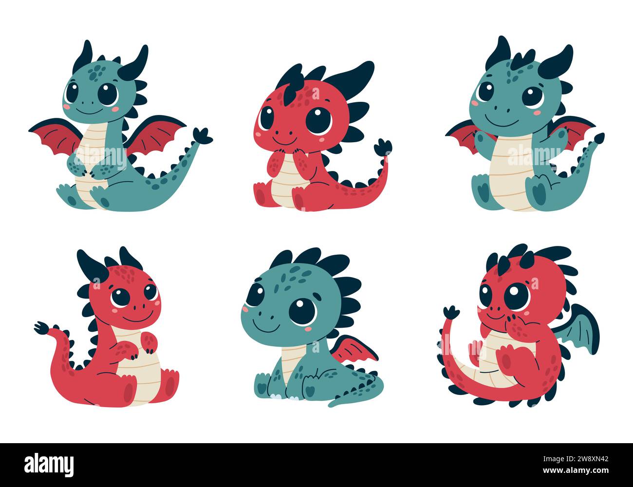 Niedliche Dragons-Kollektion. Set aus bunten magischen, süßen Drachen. Stock Vektor