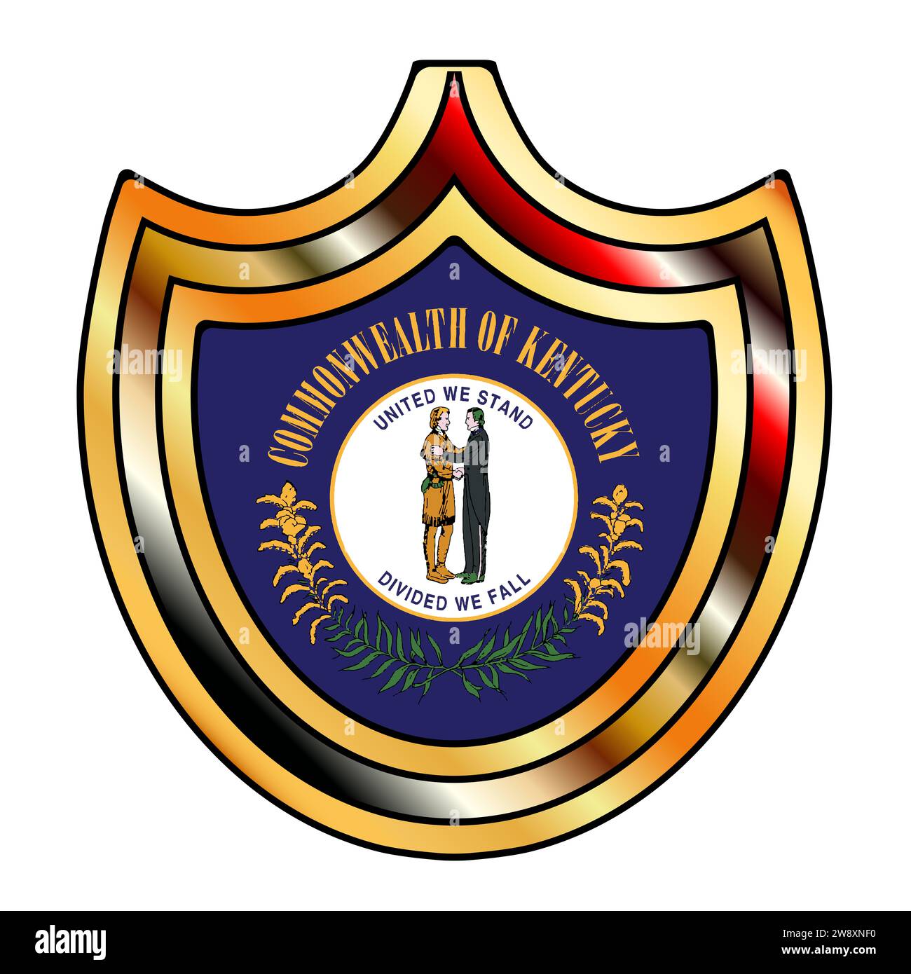 Metallschild mit eingelassenen Symbolen der Kentucky State-Flagge auf weißem Hintergrund Stockfoto