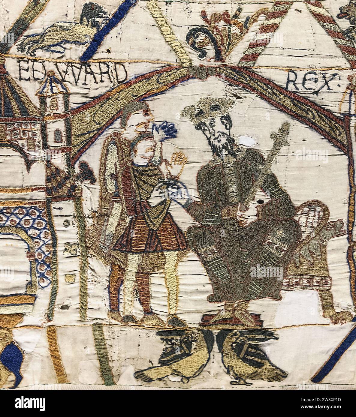 Edward der Bekenner, thront in der Eröffnungsszene des Bayeux Tapestry mit Harold Godwinson. Illustration des angelsächsischen englischen Königs und heiligen Eduard des Bekenners (um 1003–1066). Er war der letzte König des Hauses Wessex. Stockfoto