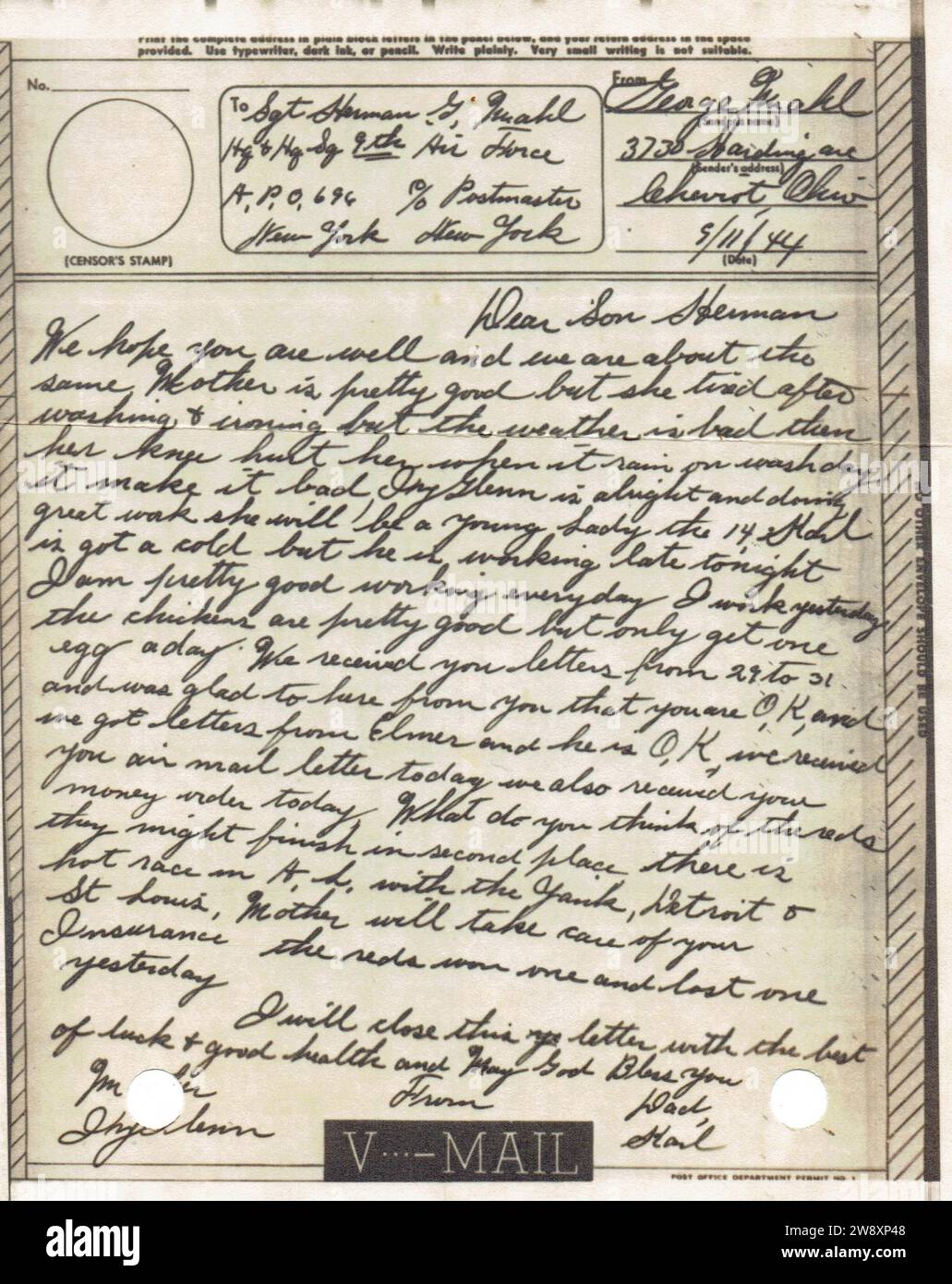 lettre, V Mail, recou pour un soldat de la 9th Air Force, de ses Parents de Cheviot, Ohio, Novembre 1944 Stockfoto