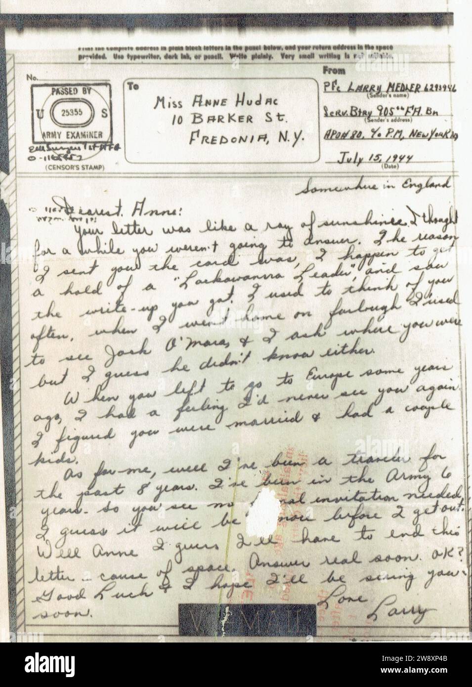 lettre, Vmail, d'un Gis 905. Feldartillerie-Bataillon à sa famille, Juillet 1945 Stockfoto