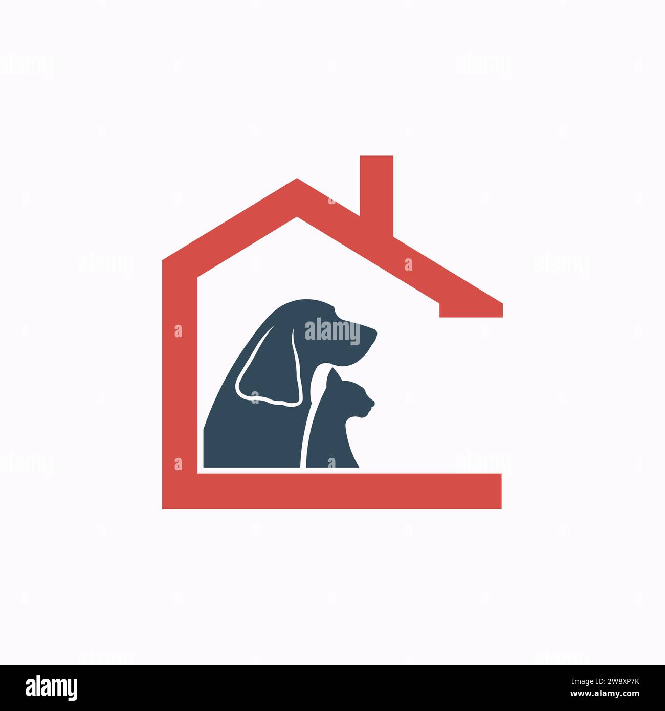 Eine legendäre Silhouette eines Hundes und einer Katze in einer Hausstruktur, die für Tierpflege und sicheren Schutz steht Stock Vektor