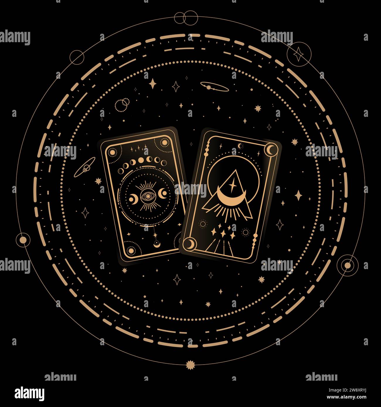 Wahrsagungs-Tarotkarten auf schwarzem Hintergrund. Glücksbringer. Tarot-Symbolismus. Rätsel, Astrologie, Esoterik. Vektorabbildung Stock Vektor