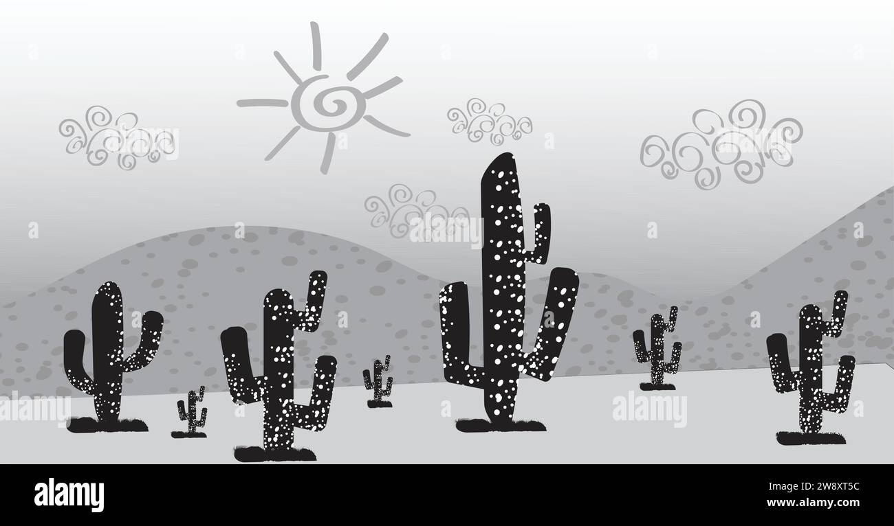 Zeichnung der Wüstenlandschaft MIT KAKTEEN Stock Vektor