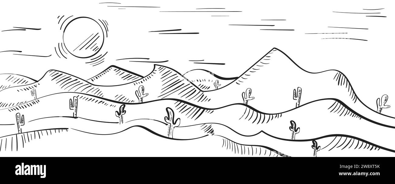 Illustration Wüstentrockenlandschaft mit Kakteen-weißem Hintergrund Stock Vektor