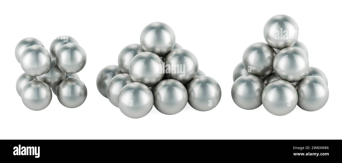 BCC-, FCC-, HCP-Atome enthalten Kristallgitterstrukturen. Abbildung der engen Verpackung von gleichen Kugeln. 3D-Rendering isoliert auf weißem Hintergrund Stockfoto