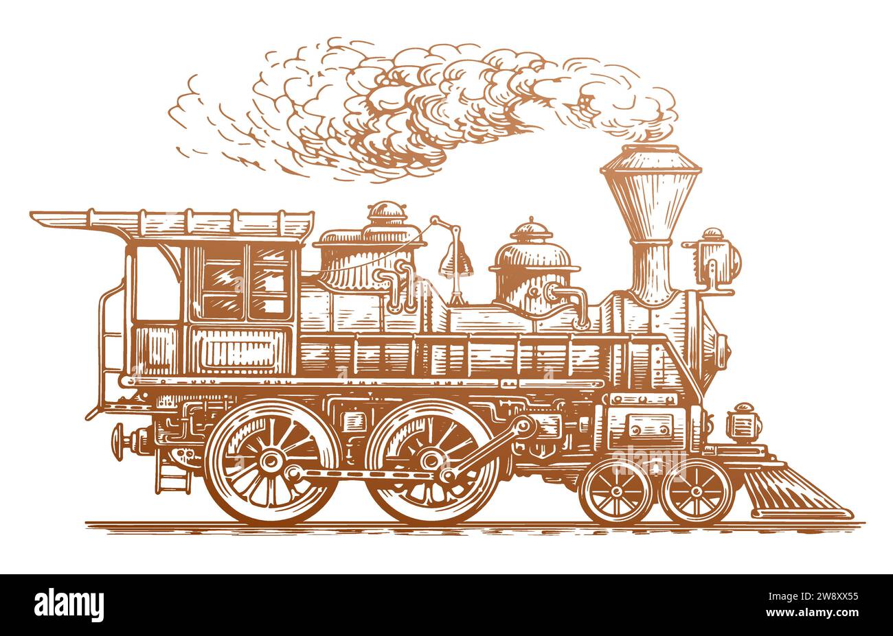Retro-Zug, Seitenansicht. Handgezogene Vintage-Dampflokomotive im Skizzenstil. Abbildung des Transportvektors Stock Vektor
