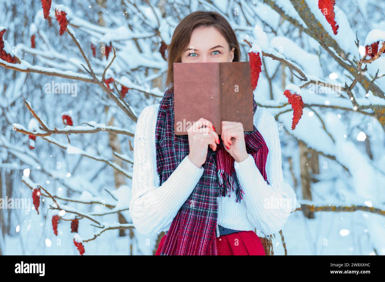 Das Mädchen geht durch den Winterwald. Sie bedeckte ihr Gesicht mit einem Buch. Lernkonzept. Wintermärchen. Gemischte Medien Stockfoto