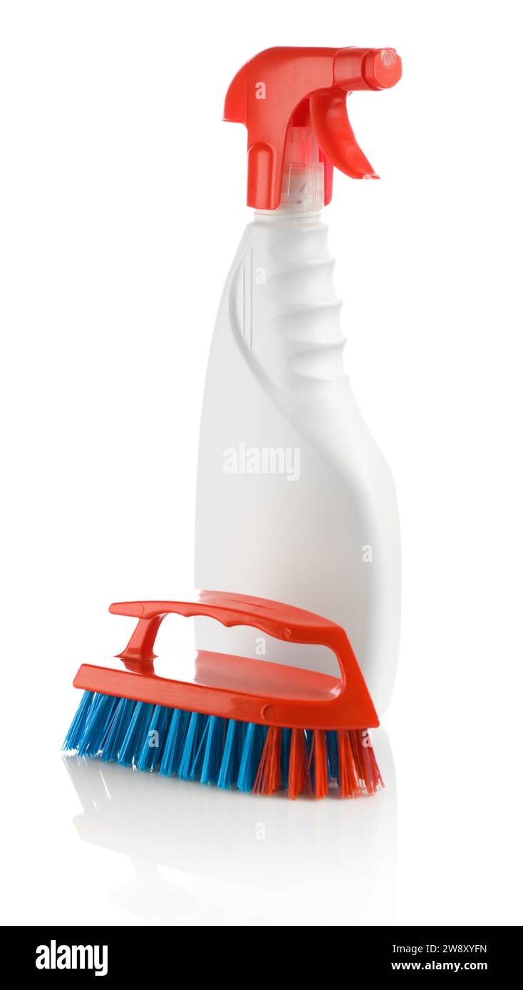 Flasche und Bürste isoliert Stockfoto