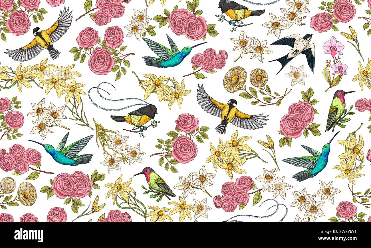 „Toile de Jouy“-Banner. Wilder Vogel und exotische Pflanzen. Nahtloses Muster. Östliche Landschaft. Lineare Blumen und Rosen. Handgezeichnete Skizze im Vintage-Stil. Stock Vektor