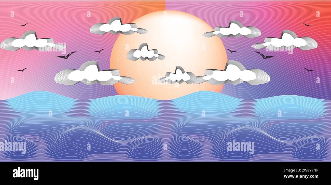 Vektor-Illustration Hintergrund mit Dünen mit Sonnenuntergang auf Wolken am Himmel Stock Vektor