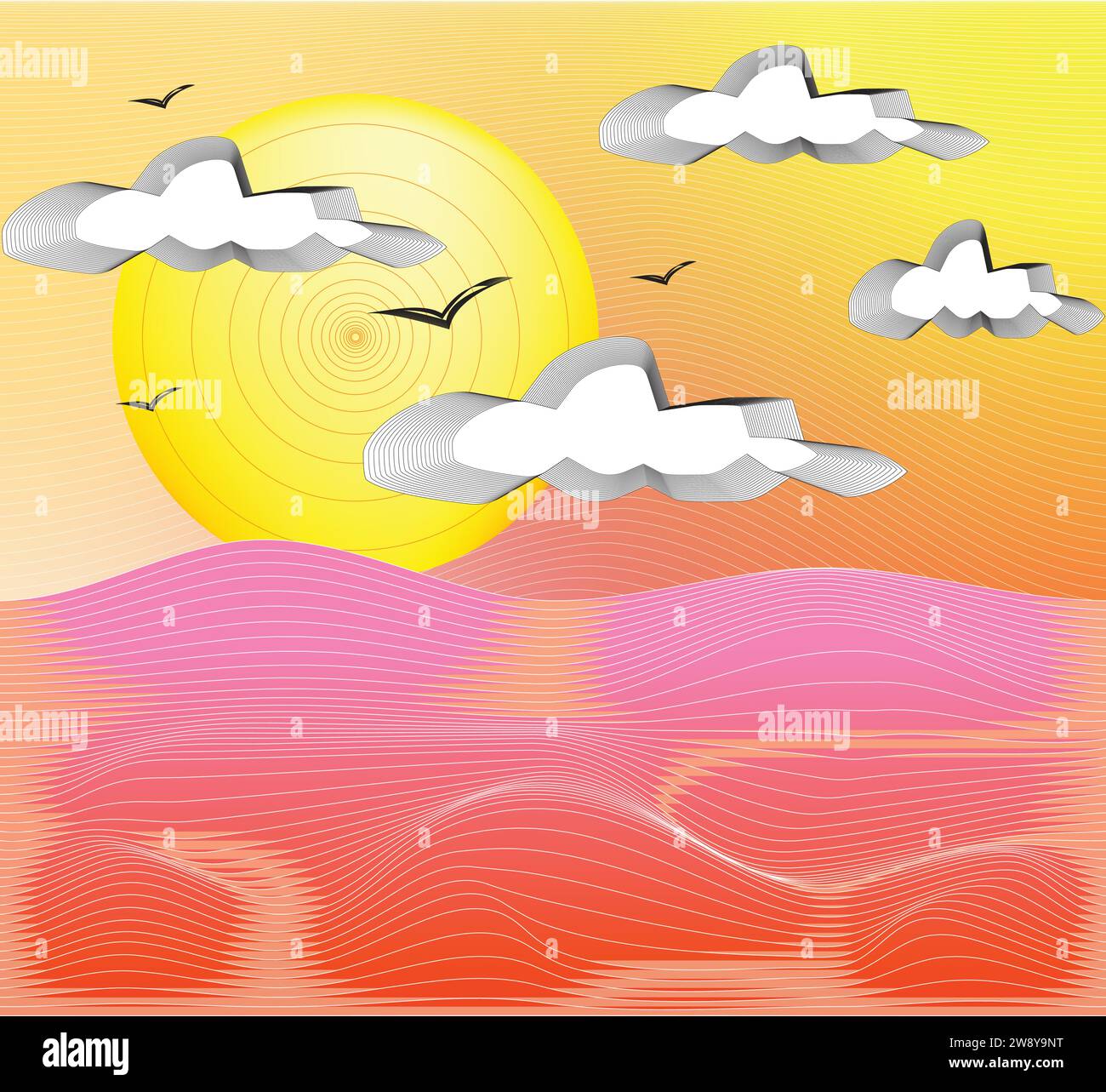 Hintergrund-Vektor-Illustration Dünen mit Sonnenuntergang auf Wolken am Himmel. Stock Vektor