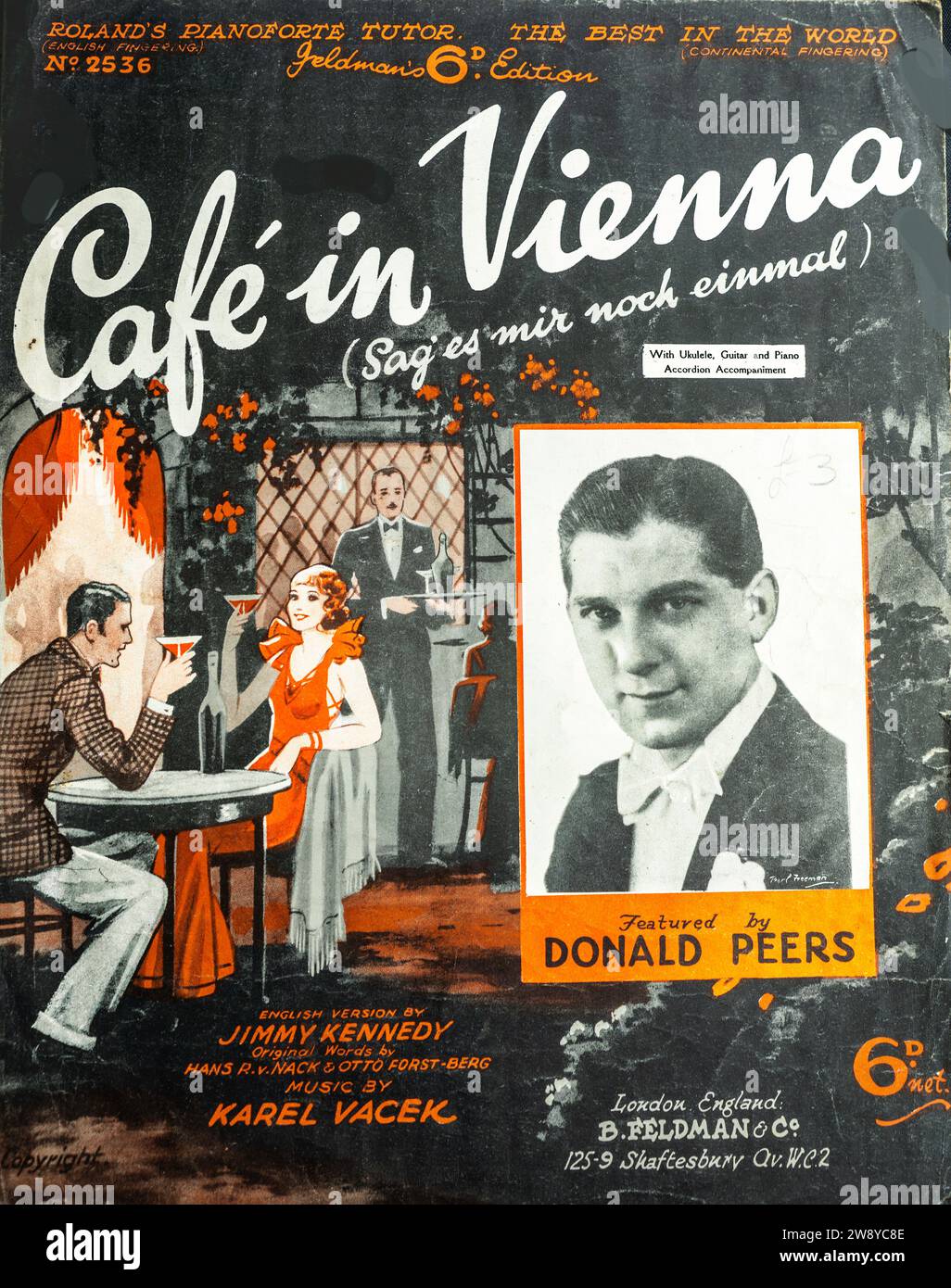 Notencover für „Café in Vienna“ aus den 1930er Jahren mit Kunst und einem Foto von Donald Peers. Stockfoto