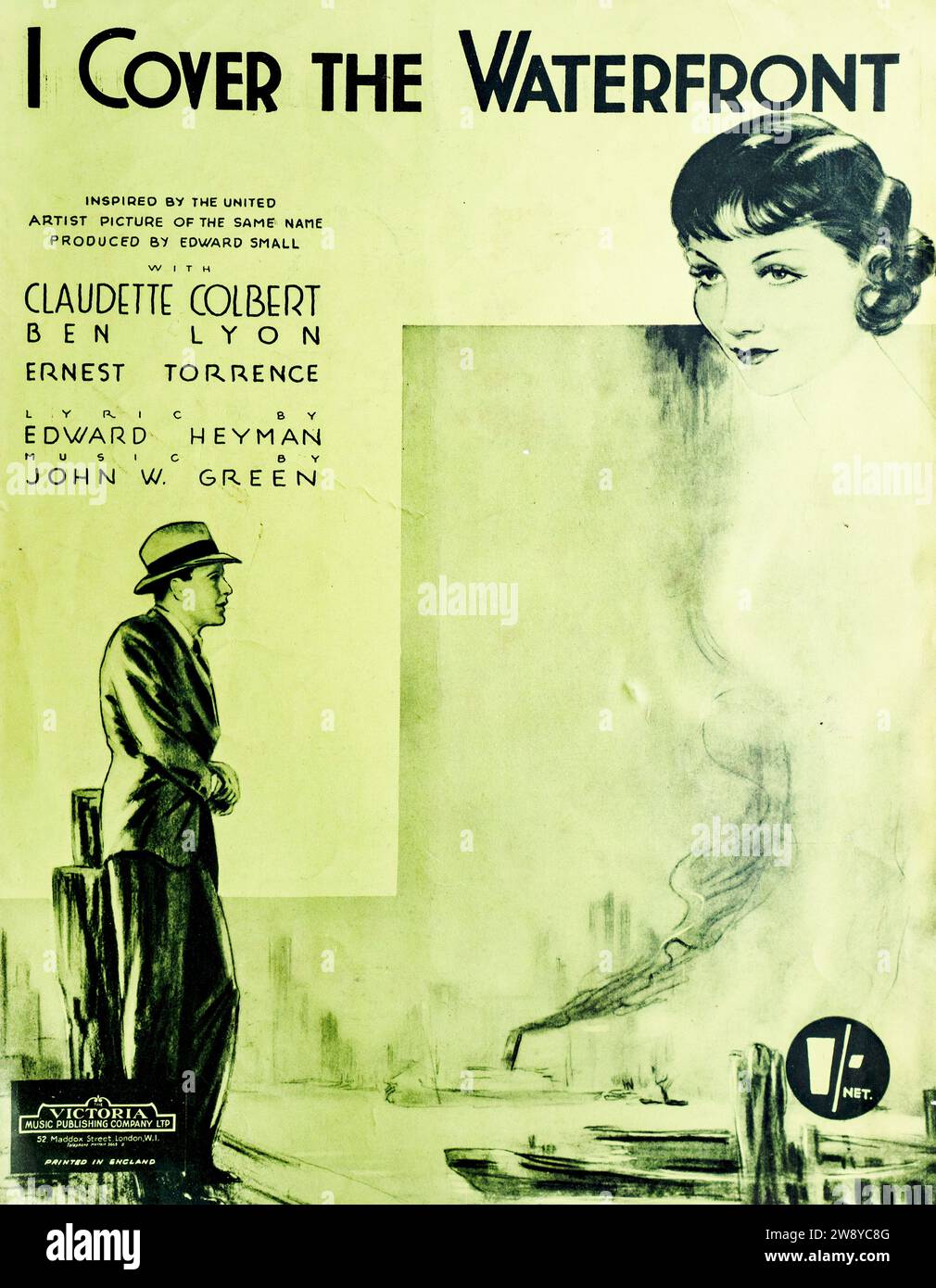 Art-Deco-Notenblatt aus den 1930er Jahren für „I Cover the Waterfront“ mit Claudette Colbert. Stockfoto