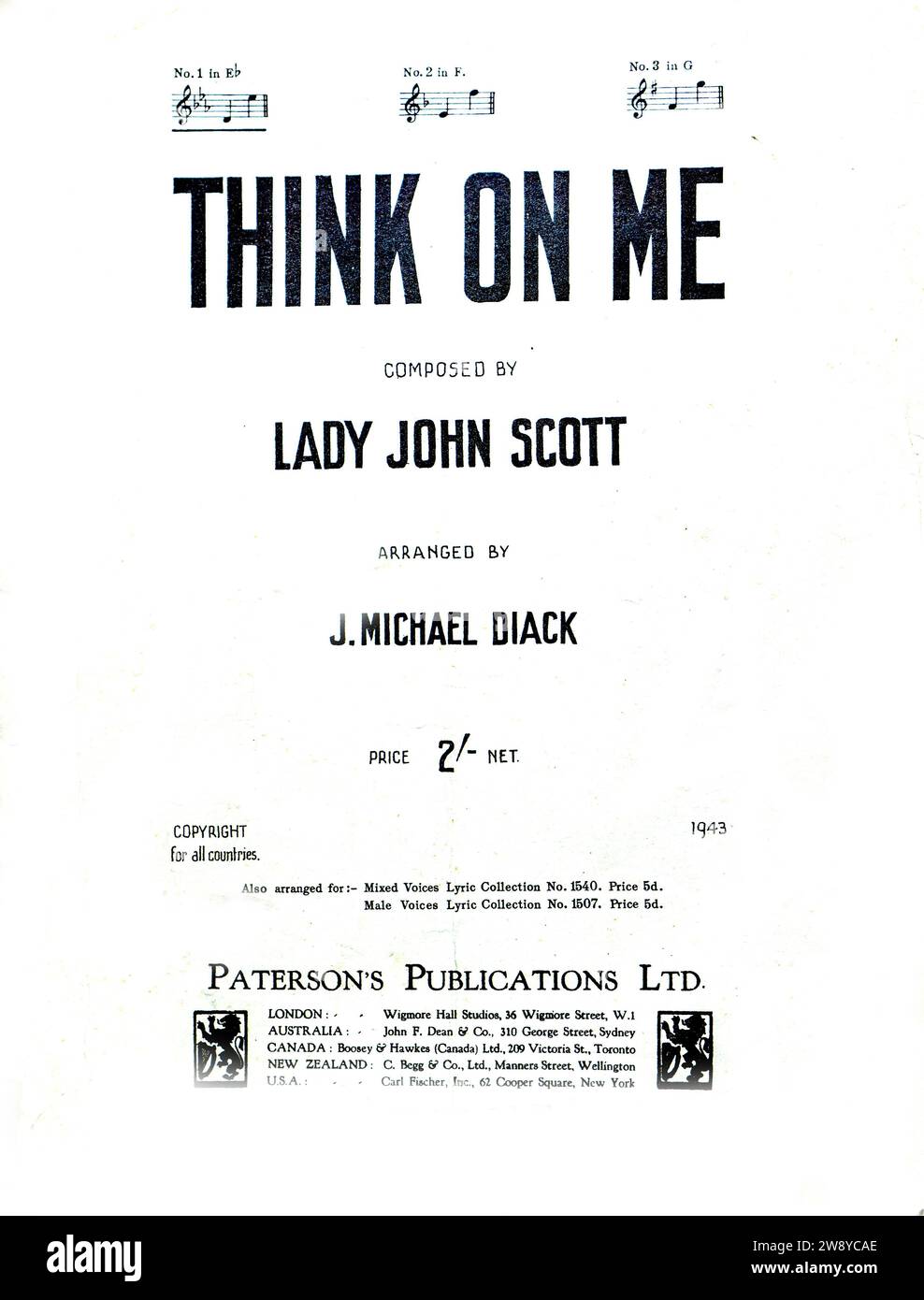 Notenblatt für „Think on Me“ von Lady John Scott, Ausgabe 1943 Stockfoto