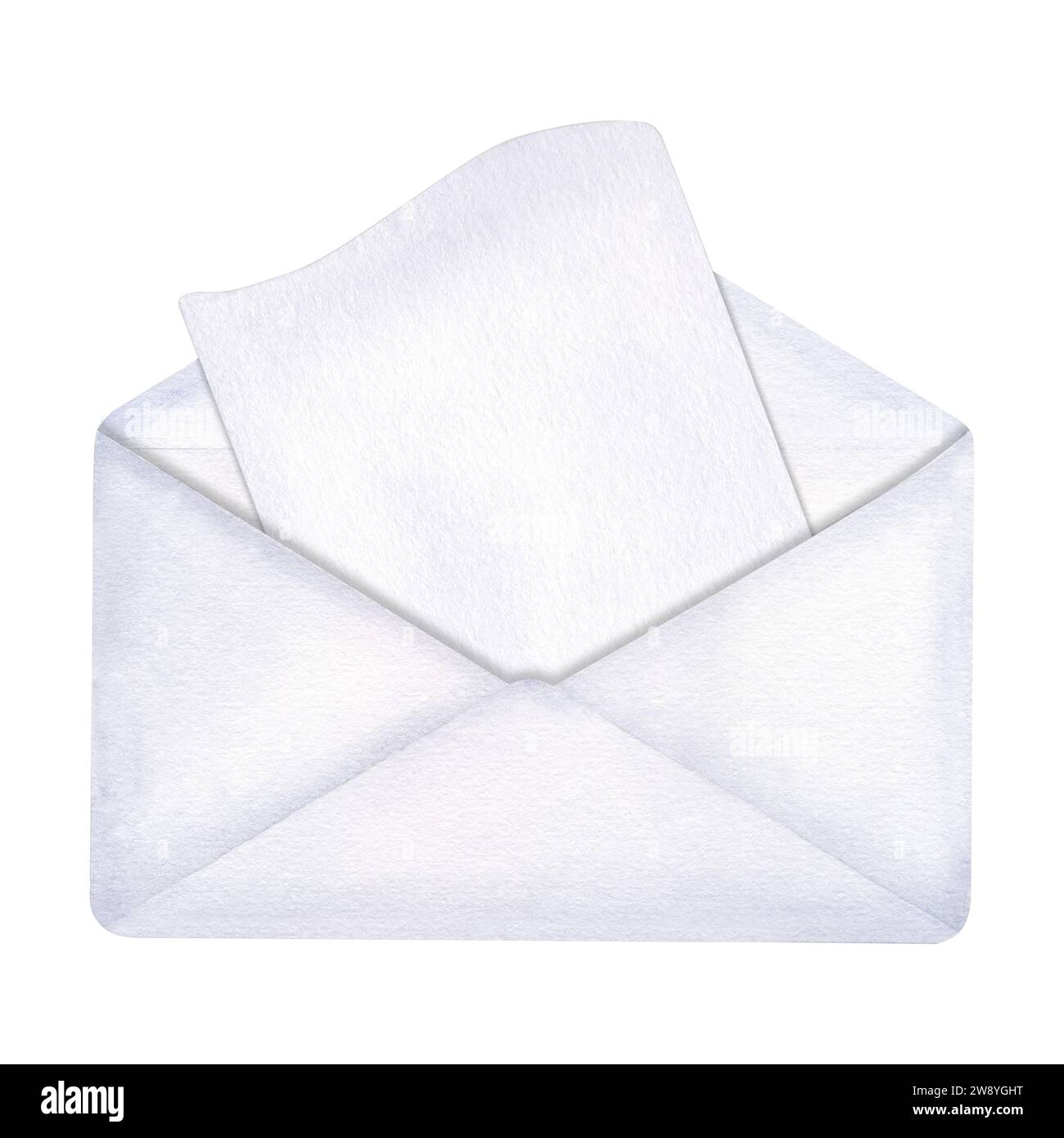 Öffnen Sie den weißen Umschlag mit dem leeren Buchstaben. Leer für Design. Vintage-Post. Realistische Kunst. Handgezeichnete Aquarellillustration isoliert auf weißem Hintergrund Stockfoto
