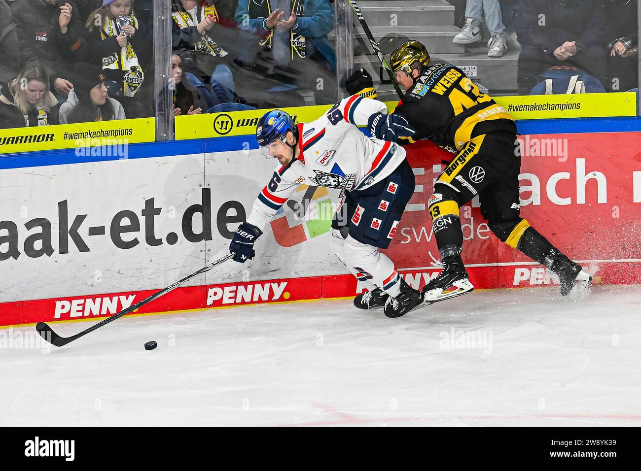 Eishockey - DEL 2: Krefeld Pinguine vs Kassel Huskies am 22.12.2023 in der Yayla-Arena in Krefeld Krefeld Alexander weiß ( Nr.43) gegen Kassels Darren Mieszkowski ( Nr.66) Foto: Osnapix Stockfoto