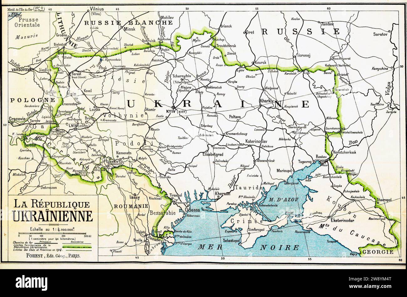 Die ukrainische Karte, die von der ukrainischen Delegation auf der Pariser Friedenskonferenz in einem Antrag vorgelegt wurde, der letztlich abgelehnt wurde, was zur Eingliederung der Ukraine in die Sowjetunion führte. Der Kuban war damals hauptsächlich Ukrainisch 1919 Stockfoto