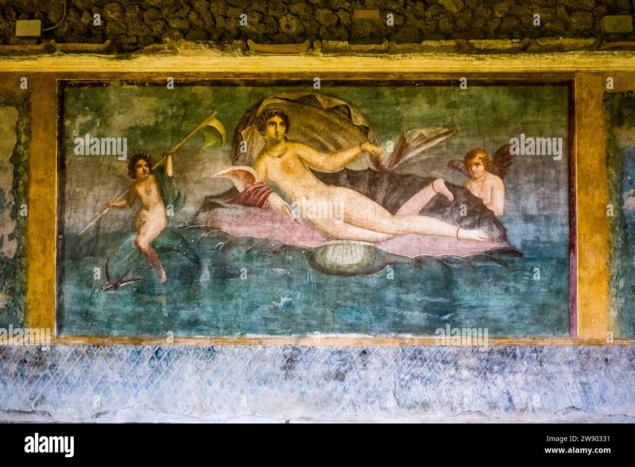 Gemälde in der Casa della Venere in Conchiglia in der archäologischen Stätte von Pompeji, einer antiken Stadt, die durch den Ausbruch des Vesuv in zerstört wurde Stockfoto