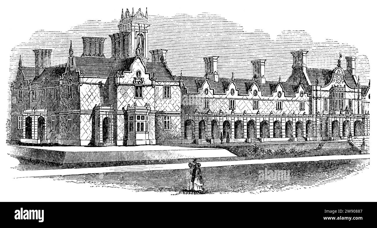 Vintage 1854 Gravur von Almshouses in Mortlake im Südosten Londons, gebaut von der Master Boot and Shoemakers Provident and Benevolent Institution. Stockfoto