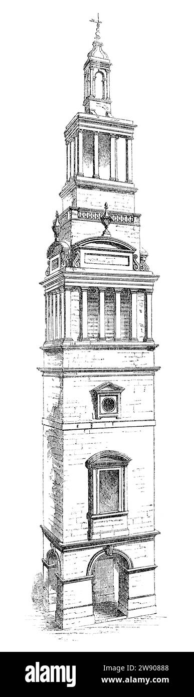 Vintage 1854 Gravur des Turms der Christ Church Greyfriars in der Newgate Street, London. Entworfen von Sir Christopher Wren. Stockfoto