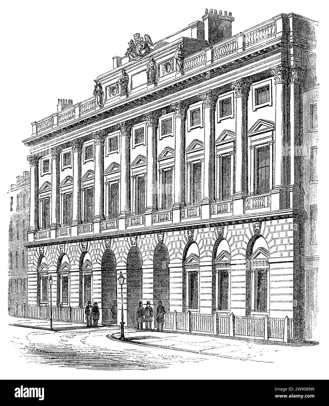 Vintage 1854 Gravur der Strandfassade des Somerset House, London. Entworfen von Sir William Chambers. Stockfoto