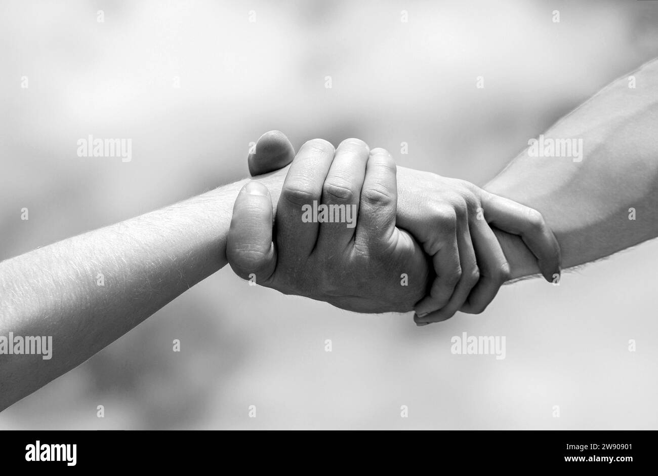 Ich helfe dir. Die Hände von Mann und Frau greifen sich gegenseitig an, unterstützen. Solidarität, Mitgefühl, Nächstenliebe, Rettung. Schwarz auf Weiß Stockfoto