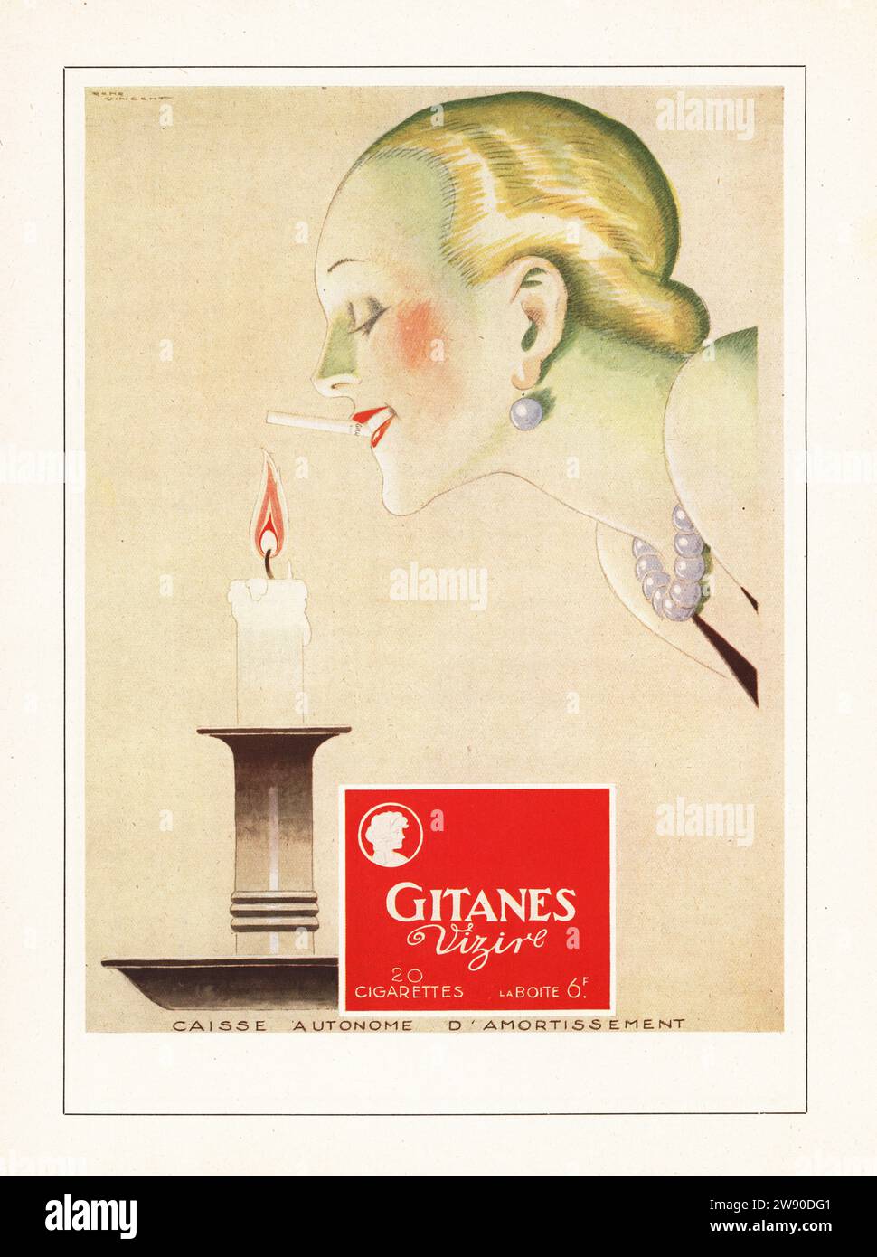 Zeitschriftenwerbung für die französische Zigarettenmarke Gitanes Vizire, Paris, 1928. Eine modische Frau lehnt sich über eine Kerze, um eine Zigarette anzuzünden. Werbespot entworfen von Rene Vincent, einem populären Illustrator im Art déco-Stil in den 20er und 30er Jahren Farbig gedruckte Anzeige von Art, Gicht, Beaute, herausgegeben von der Modezeitschrift AGB, Lyon, 1928. Stockfoto