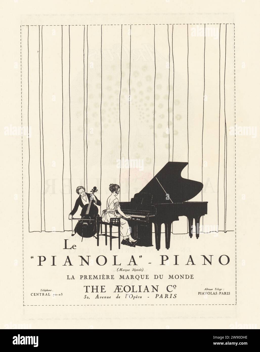 Zeitschriftenwerbung für Pianola-Klaviere, 1932. Verkauft von der Aeolian Company, 32 Avenue de l'Opera, Paris. Eine Frau spielt Klavier, begleitet von einem Cellisten auf der Bühne. Lithografie aus Art, Gicht, Beaute, herausgegeben von der Modezeitschrift AGB, Lyon, 1932. Stockfoto